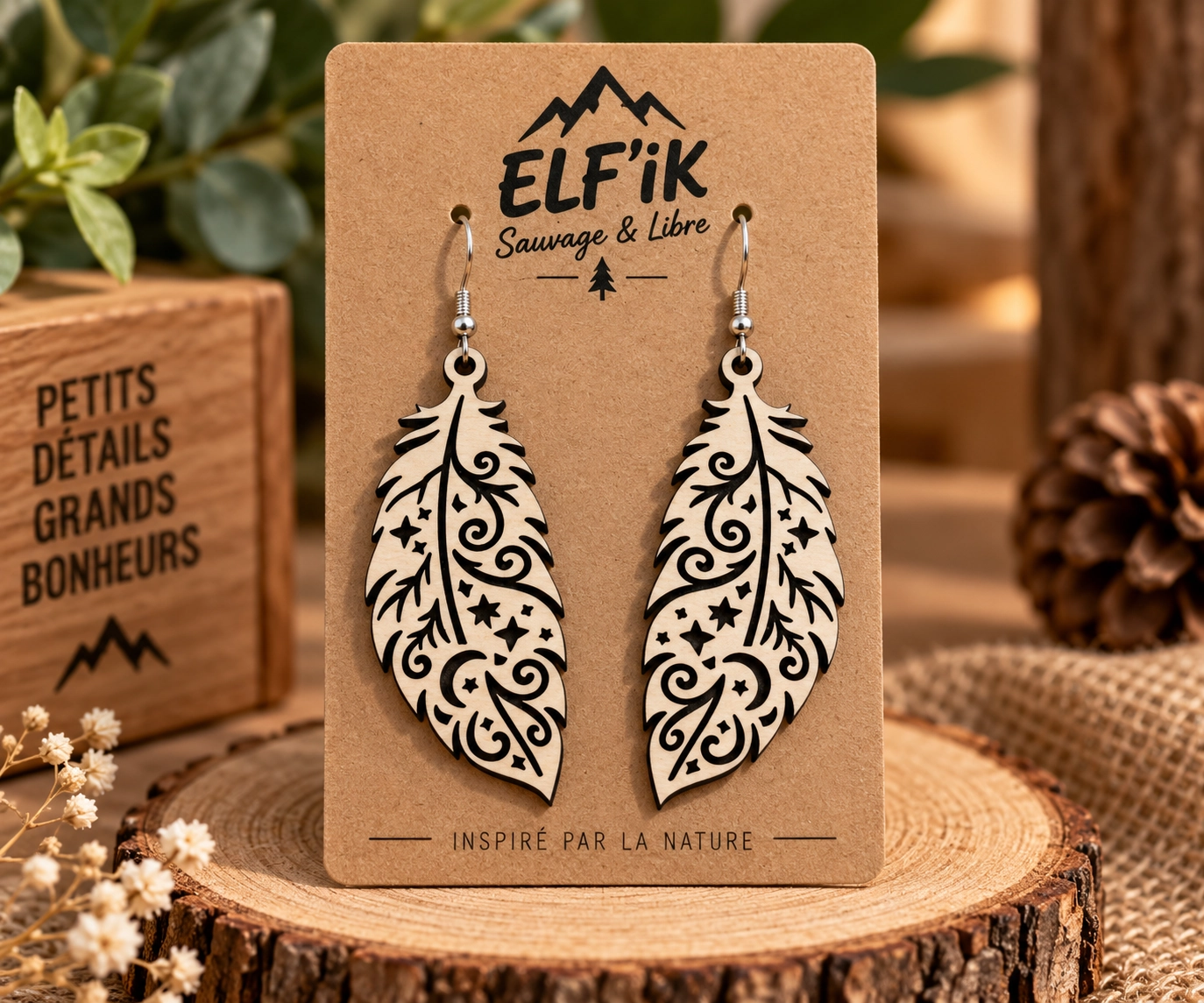 Boucle d'oreille bois